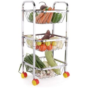 Stainless Steel 3 Layer Rack For Fruits & Vegetable Onion, Trolley Container Basket, Vegetable Stand for Kitchen with Wheel